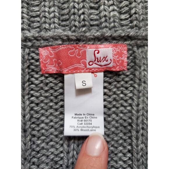 LUX Gray Sweater Vest Cable Knit Women Small Collared Drape w Pockets - Picture 3 of 4